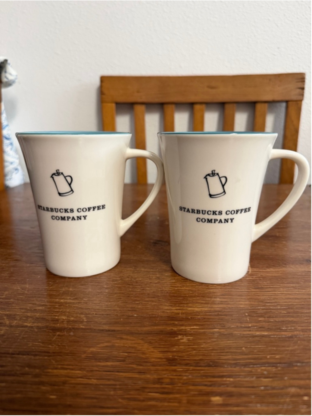 Set of 2 Starbucks Coffee Company 2006 White Teal Blue Interior Ceramic Mugs